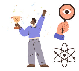 Person celebrating success holding trophy, magnifying glass symbolizing focus, and atom signifying knowledge. Ideal for education, science, innovation, achievement, discovery, motivation focus