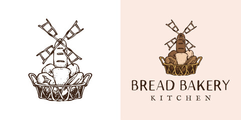 Illustration of collection type of bread in rattan basket form a windmill of wheat grinder flour, fresh and organic bread product for bakery shop, business, and company vintage logo hand drawn