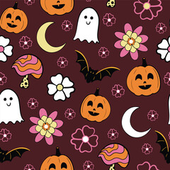 Retro Halloween 70s style seamless vector pattern background