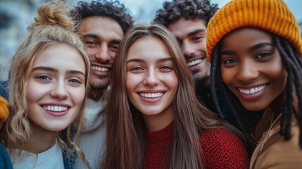 Fototapeta premium Smiling young people from different backgrounds happily look at the camera. Suitable for advertising friendly events, social projects, articles about youth and cultural diversity.