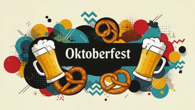 Festive oktoberfest celebration with beer mugs, pretzels, and colorful decorations