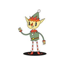 Groovy hippie Santa's helper Elf. Merry Christmas and Happy New year trendy retro character. Vector illustrations isolated on white background.