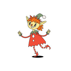 Groovy hippie dancing Santa's helper girl Elf. Merry Christmas and Happy New year trendy retro character. Vector illustrations isolated on white background.