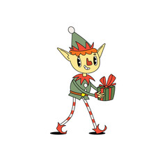 Groovy hippie Santa's helper Elf with gift box. Merry Christmas and Happy New year trendy retro character. Vector illustrations isolated on white background.