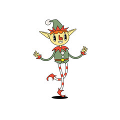 Groovy hippie dancing Santa's helper Elf. Merry Christmas and Happy New year trendy retro character. Vector illustrations isolated on white background.
