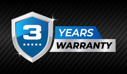 3 years warranty shield badge, blue and silver metal guarantee label with stars, Product protection and quality assurance emblem, Security seal logo, Vector illustration