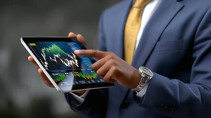 Businessman in a suit holding a tablet with oil price charts and green energy graphs. - Powered by Adobe