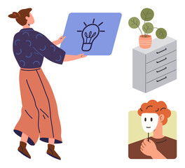 Woman presenting idea with lightbulb, person holding mask, potted plant, storage cabinet. Ideal for creativity, self-expression, innovation, identity personal development workspace metaphor. A