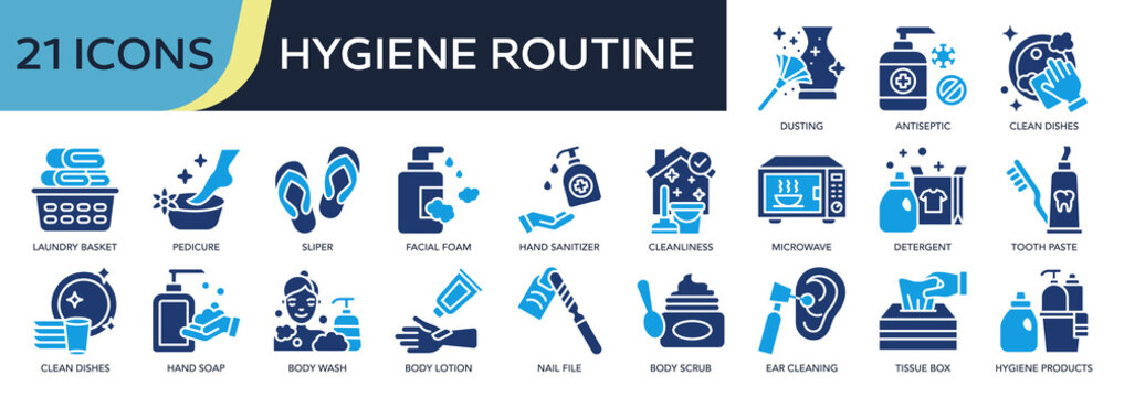 Collection of Hygiene Routine icons, related to Laundry basket, Pedicure, Hand sanitizer, Clean dishes, Hygiene Products and more. Solid icons vector illustation.
