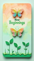 Inspirational pastel artwork featuring colorful butterflies above fresh green sprouts with the text New Beginnings on a soft gradient background. Generative AI.