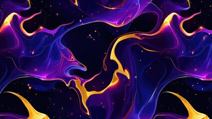 Vivid abstract digital artwork with flowing purple and yellow liquid shapes forming smooth curves and dynamic swirls. Modern fluid art style. Generative AI.