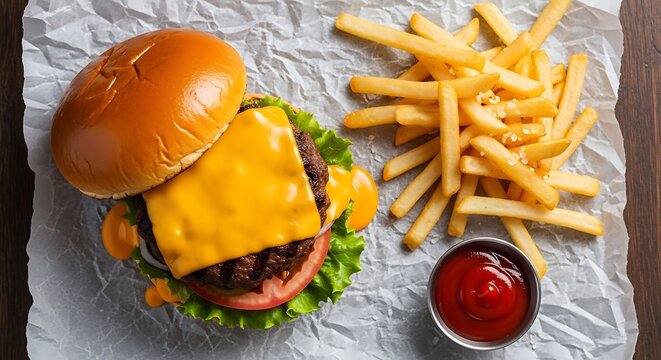 Overhead shot of a cheeseburger with fries and ketchup on crumpled wax paper and wooden table top