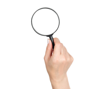 Woman hand holding magnifying glass, isolated object with transparent background PNG, tool for search, inspection, investigation, analysis, focus or discovery concept
