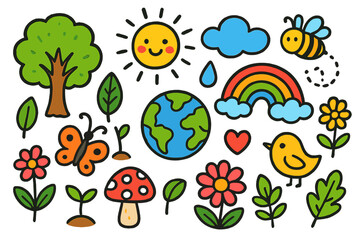 Naklejka premium Nature's Doodle Delight. Nature Inspired. Colorful Hand-drawn doodle Children illustration Tree, leaf, flower, sun, butterfly, bird, sprout, mushroom, cloud,