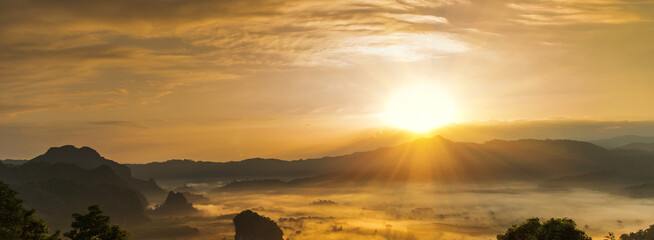 Banner Beautiful Mountain landscape foggy mountain green landscape morning sunrise. Amazing...