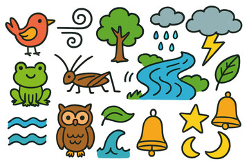 Nature Soundscape Doodles. Nature Sounds. Colorful Hand-drawn doodle Children illustration Bird, frog, cricket, wind swirl, tree, river, rain cloud, thunder,