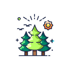 Pixelated Forest Scene with Green Trees Sun and Birds Illustration on Transparent Background in Flat Style