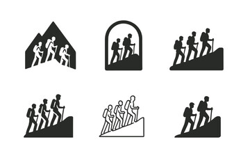 Hiking Group Logo Variations. Strengthening relationships through shared experiences. Set Logo of hiking group: silhouettes walking up a mountain trail.