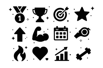 Motivation Icon Set. Motivation. Solid icons set of Motivation: medal, trophy, target, star, arrow up, muscle arm, calendar, whistle, flame, heart, chart,