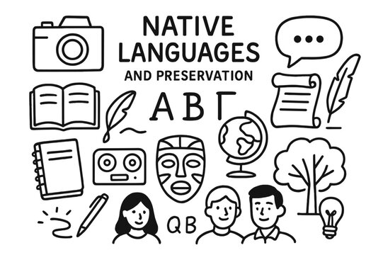 Native Language Preservation Icons. Photography of native languages and their preservation. Hand-drawn doodle illustration native languages and preservation