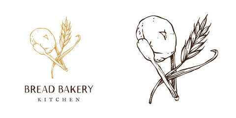 logo for bakery company business with illustration of tongs grab bread with stalk of wheat fresh organic food, hand drawn style