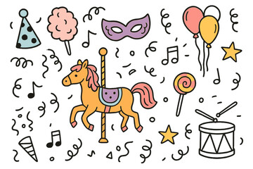 Carnival Carousel Colors. Festive Fun. Hand-drawn doodle illustration carousel horse (colored), candy floss, carnival mask (colored), clown hat, lollipop