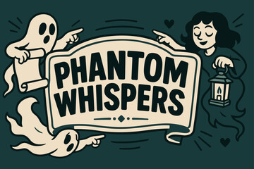 Obraz premium PhantomWhispers Banner Design. PhantomWhispers banner, flat vector illustration, bold oversized text inside sticker outline shape, cartoon characters floating