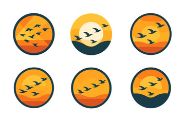Fototapeta premium Bird Migration Logos. A flock of birds migrating across the sky at sunset, silhouetted against the colorful horizon. Set Logo of circular flight: circular