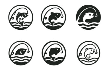 Naklejka premium Fishing Logo Variations. Fishing at the lake. Set Logo of fishing badge: circular emblem with rod, fish, and water waves. harmonious logo variations of the