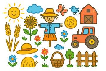 Sunny Field Doodles. Sunny Field. Colorful Hand-drawn doodle Children illustration wheat stalk, sunflower, scarecrow, sun, cloud, butterfly, bird, basket,