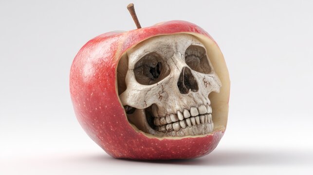 Red apple with skull inside against a white background concept
