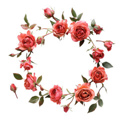 Naklejka premium Beautiful coral roses arranged in a circular pattern with green leaves on a white background