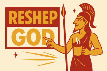Reshep God Banner. Reshep God banner, flat vector illustration, bold oversized text inside rectangular frame, cartoon characters standing and pointing, holding