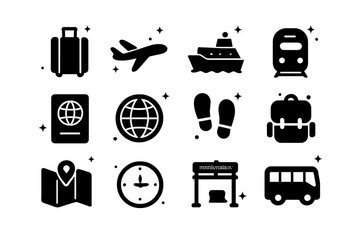 Migration Icons Collection. Migration journey. Solid icons set of Migration journey: suitcase, airplane, ship, train, passport, globe, footsteps, backpack,