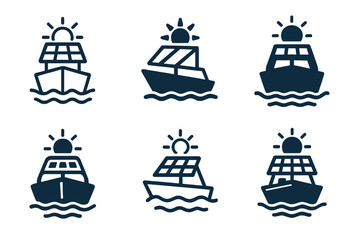 Solar Ferry Logos. Clean transportation alternatives. Set Logo of Clean transportation alternatives: Solar-powered ferry. harmonious logo variations of the