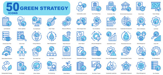 Green Strategy Editable Icons set. Vector illustration in modern thin outline blue  style of business related icons