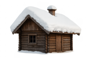 Wooden log cabin with snow covered roof