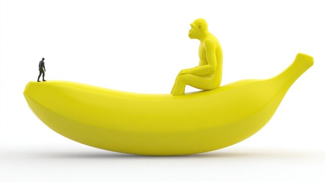 Surreal artwork of figure and monkey on a giant yellow banana on white