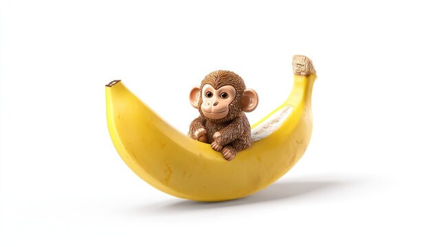 Cute monkey figure sitting in a yellow banana on white background