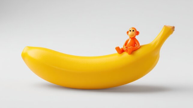 Yellow banana with a small toy monkey on a plain white background