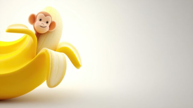 Cartoon monkey emerging from a peeled banana on a white background