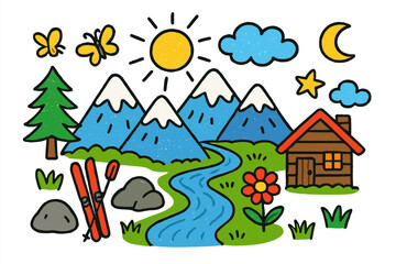 Fototapeta premium Vibrant Alpine Doodles. Alpine Range. Colorful Hand-drawn doodle Children illustration snowy peaks, pine tree, river, sun, cloud, cabin, flower, star, moon,