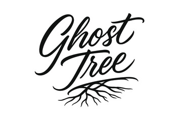 Obraz premium Ghost Tree Typography. Ghost Tree ? Script Hand-Lettering: flowing brush strokes with thin?thick contrast; diagonal layout with trailing swashes; underline
