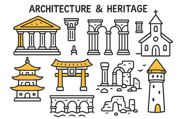 Fototapeta premium Cultural Landmarks Doodle. Architecture & Heritage. Hand-drawn doodle illustration temple (colored), arches, columns (colored), church, dome (colored), pagoda,