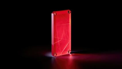 Elegant red transparent smartphone case with geometric lines, displayed on a dark gradient background under soft lighting. Raster. Generative AI.