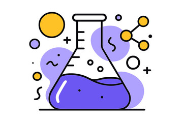 Glowing Chemical Flask. Chemical Flask. A large measuring flask filled halfway with liquid, glowing abstract circles and molecular shapes floating nearby.