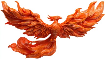 Obraz premium Fiery phoenix sculpture with wings spread wide on a white background