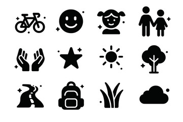 Bicycle Joy Icons. Happy Ride. Solid icons set of bicycle, smiley face, child, parent, hands holding, star, sun, tree, pathway, backpack, grass, cloud. Filled