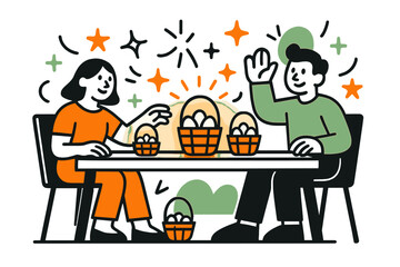 Egg Hunt Brunch. Egg Hunt Decor. A brunch table with glowing mini baskets of eggs as decoration, abstract floating spark and star shapes symbolizing fun.