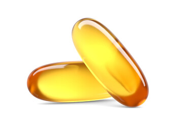 Two translucent golden gel capsules containing omega 3 fish oil isolated. 3D rendering illustration. Transparent PNG image.